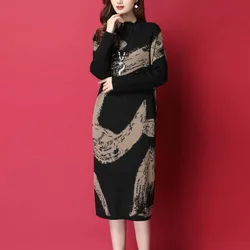 Autumn and Winter Women's Solid Color Printed Half High Neck Long Sleeve Loose Plus Size Pullover Underlay Fashion Casual Dress