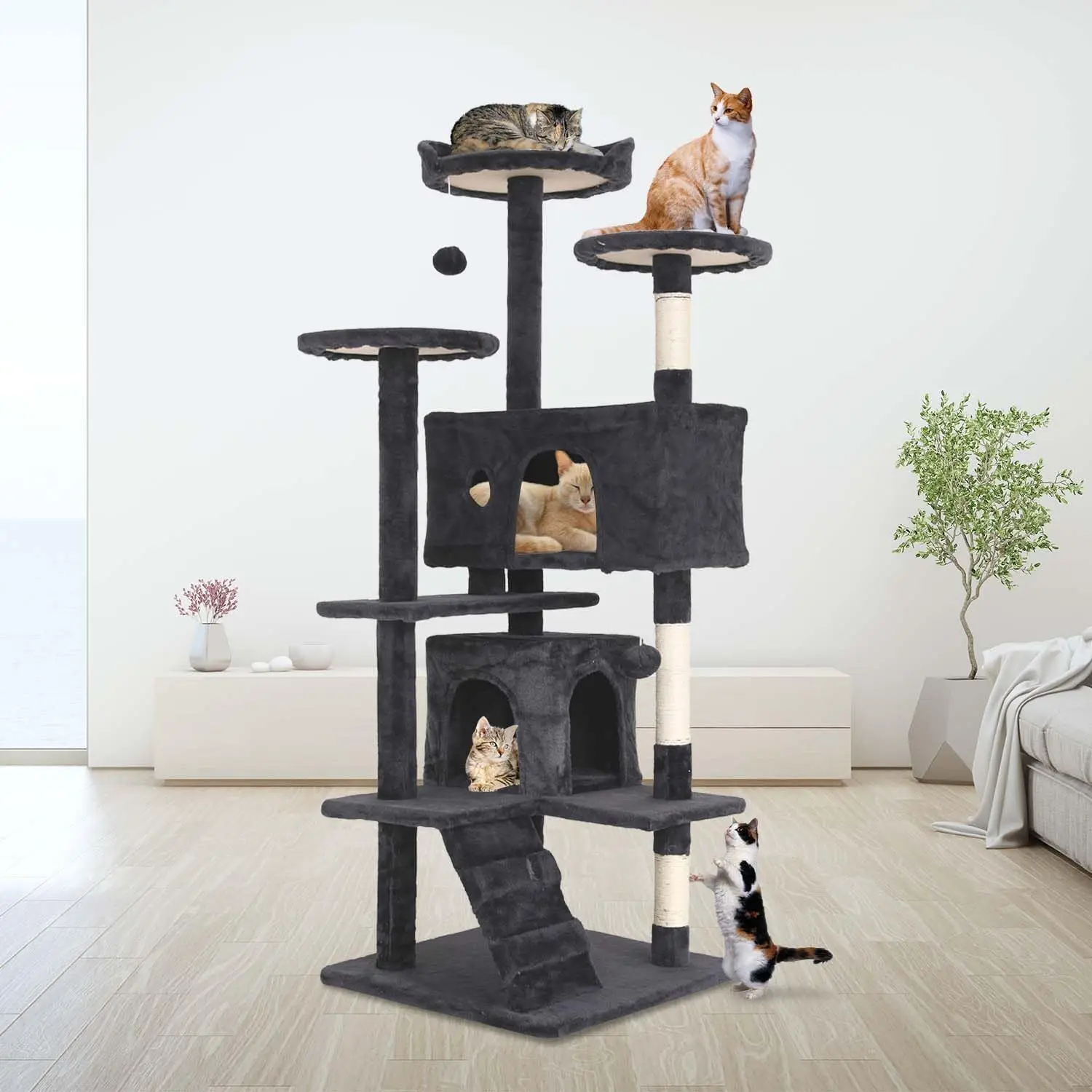 Centro de atividades multifuncional com arranhões, Cat Tree, condomínio, casa para gatos internos, 54 polegadas