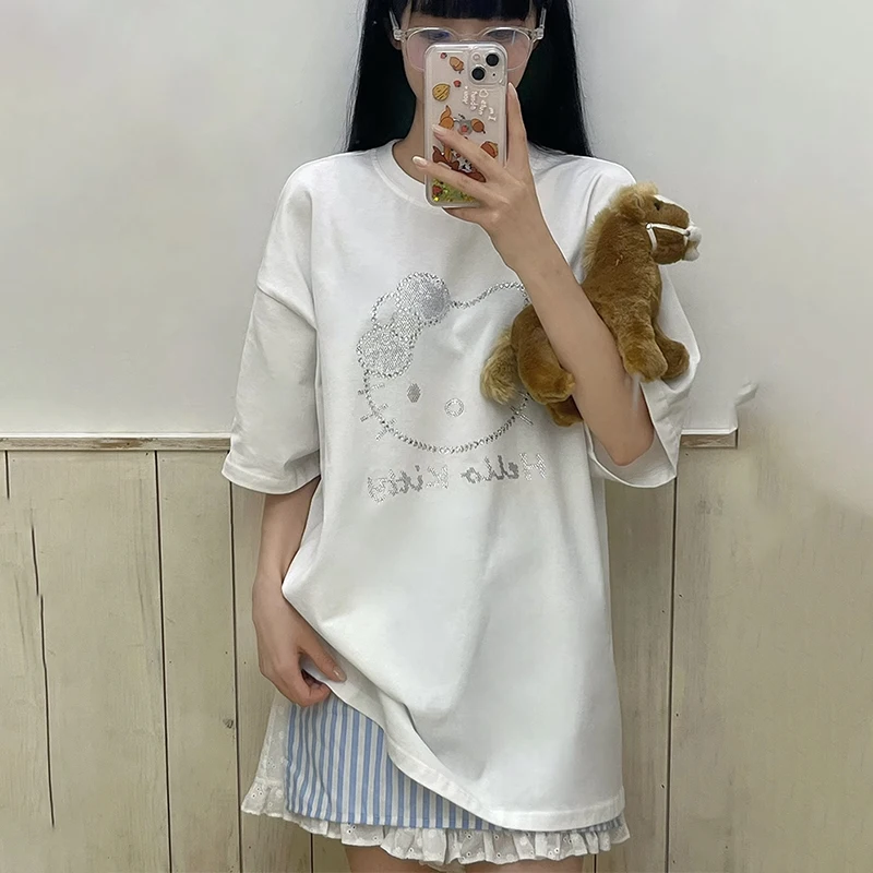 Y2K Hello Kitty Cotton Hot Drill Women's T-Shirt Sanrios Anime Cartoon Street Korean Version Ins Hot Girl Kawaii White Top Gift