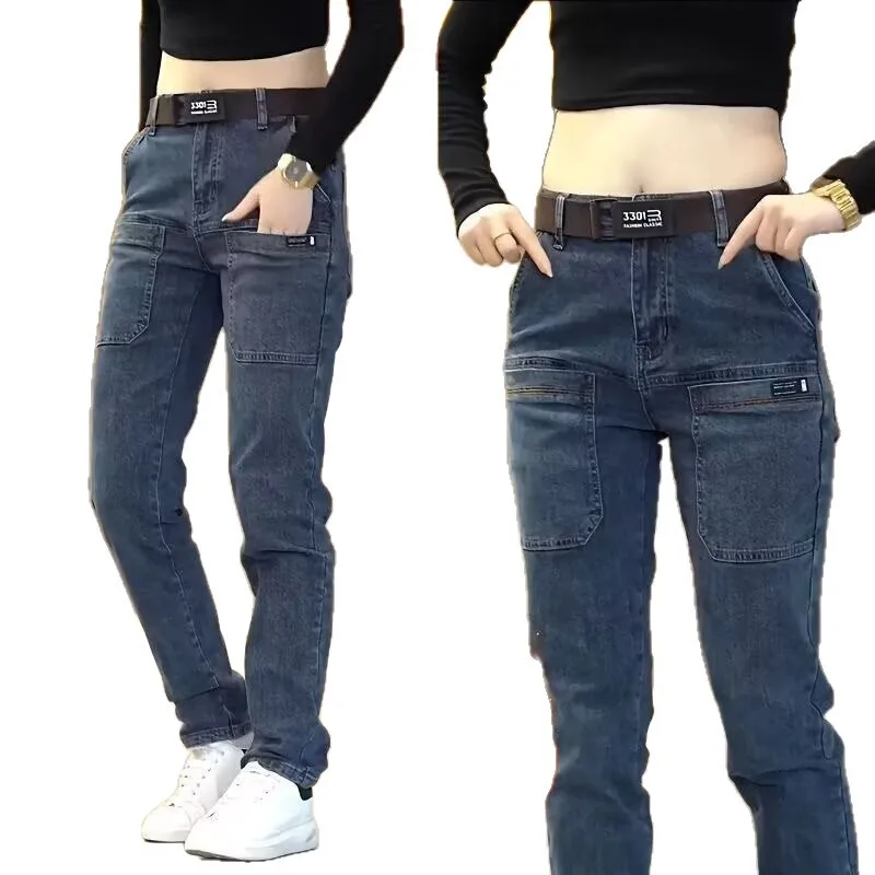 ملابس العمل الرجالية مبطنة بالصوف فضفاضة مستقيمة الساق جينز غير رسمي متعدد الجيوب بخصر مطاطي للخريف والشتاء على طراز المدينة