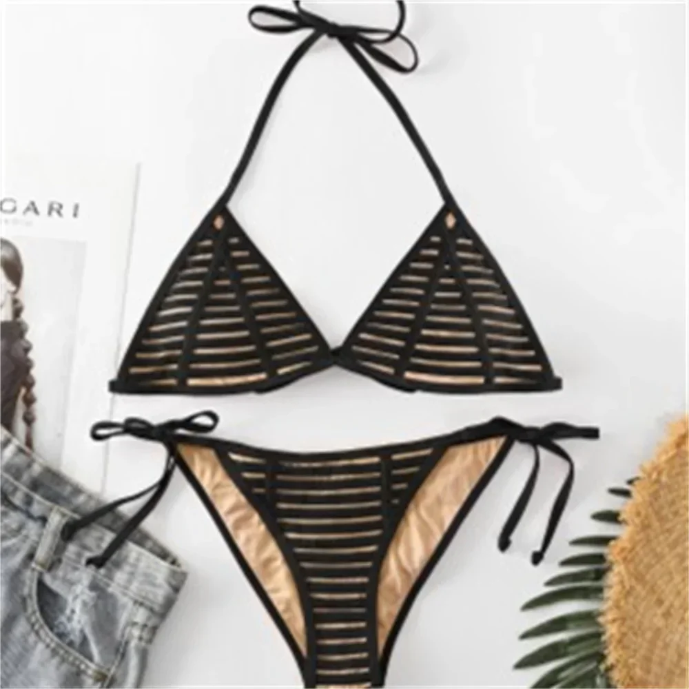 Costume da bagno nero sexy micro bikini a triangolo costume da bagno punk halter string donna tendenza due pezzi costume da bagno perizoma da spiaggia set bikini