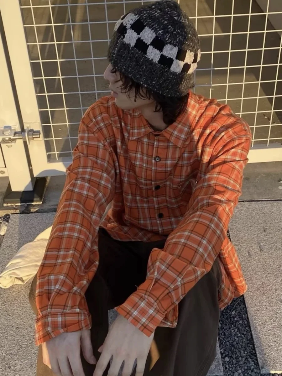 

American Retro Orange Plaid Long Sve irt Loose Fit Men's Women's Casual High Street New Couple irt Versatile Loose irt