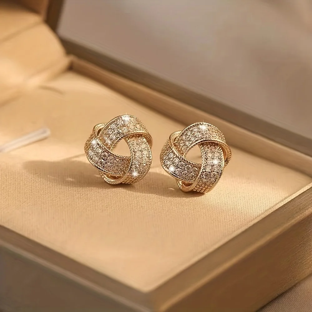 Elegant Sparkling Knotted Alloy Stud Earrings With Imitation Zircon Decor, Daily Decoratiions,Small With Stainless Steel Needles