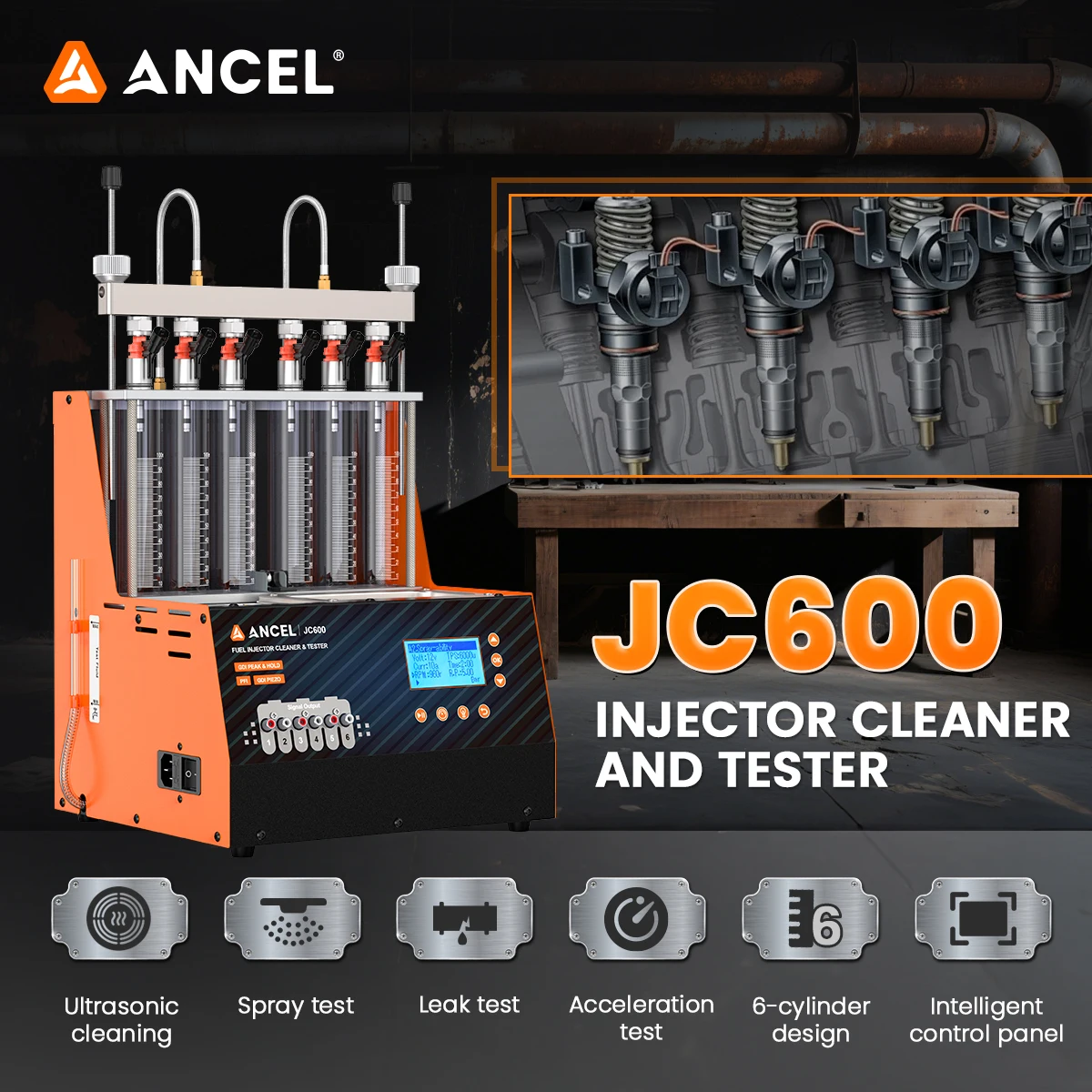 

ANCEL JC600 Car Fuel Injector Cleaning Tester Machine 6 Cylinders Ultrasonic Cleaner Nozzle Fuel Injector EFI FEI 110V 220V