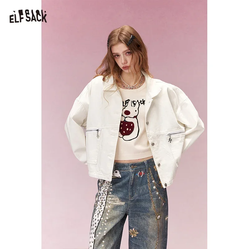 ELFSACK Women's Cropped Denim Jacket Metal Zipper 3/4 Sleeve Casual Streetwear Outerwear