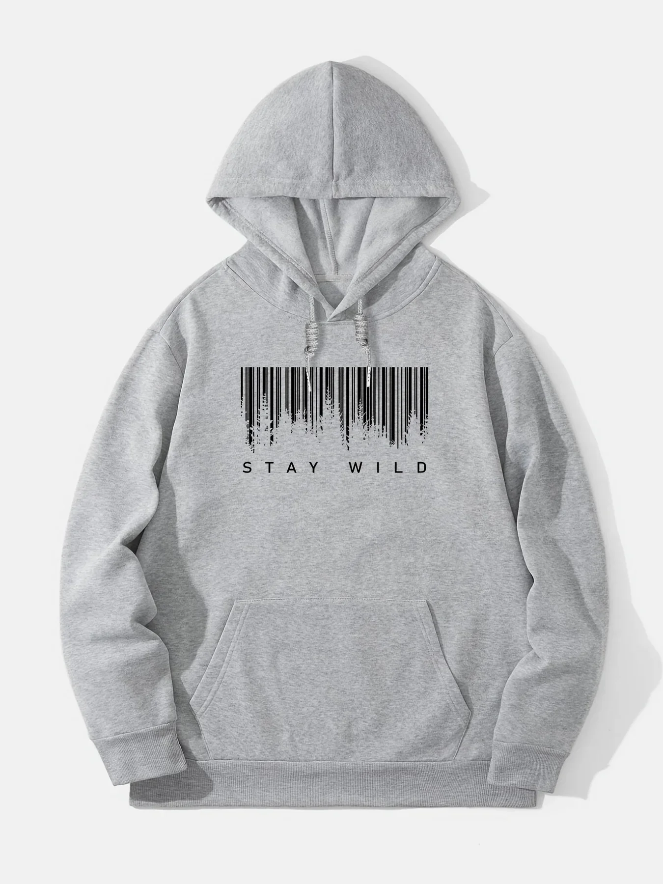 Men Black Drawstring Hoodie Forest Barcode STAY WILD Letter Print Long Sleeve Kangaroo Pocket Sweatshirt