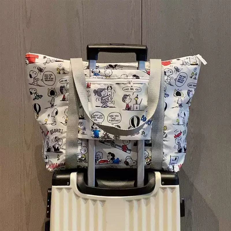 Big Snoopy Durable Foldable Nylon Shopping Bag Large Capacity With Luggage Sleeve Portable Reusable Travel Storage Moving Bag