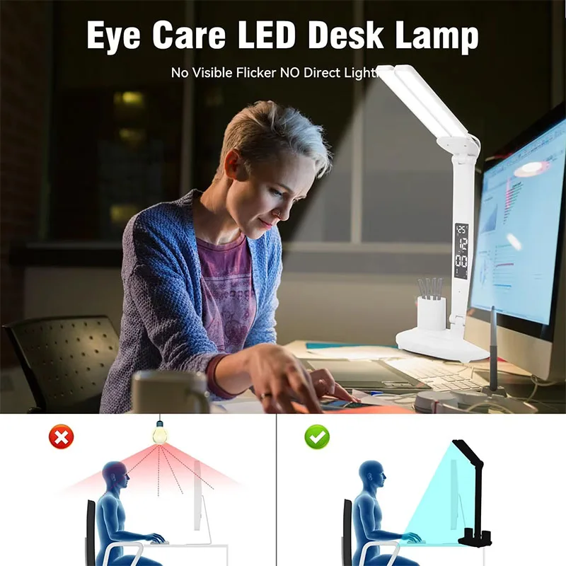 USB Eye Protection New Rechargeable LED Clock Dimmable Table Lamp 180° Rotating Foldable Desktop Reading Night Light USB