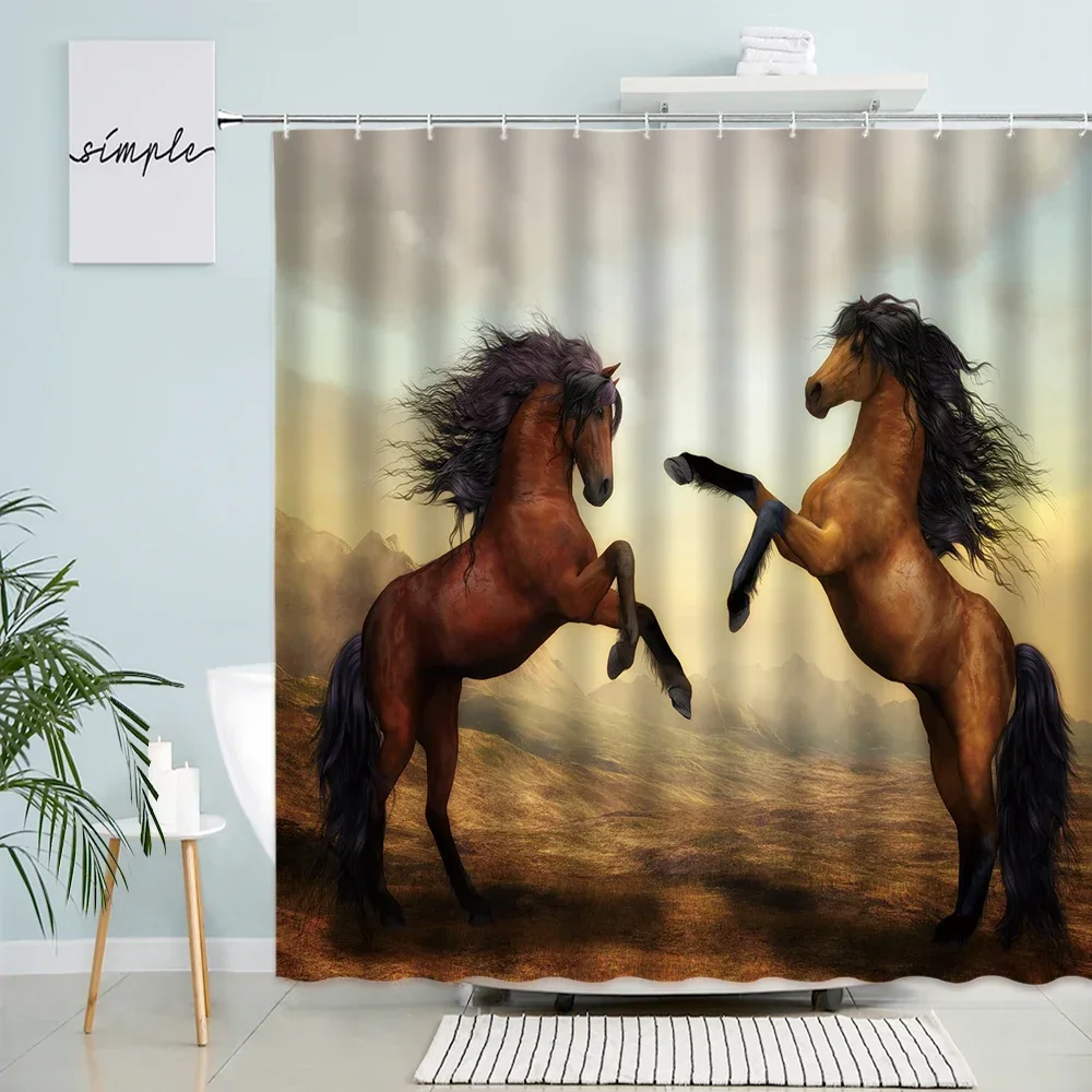 Horse Shower Curtains Beach Farm Animals Modern Polyester Fabric Home Bathtub Decor Bathroom Curtain Sets With Hooks Brown Black