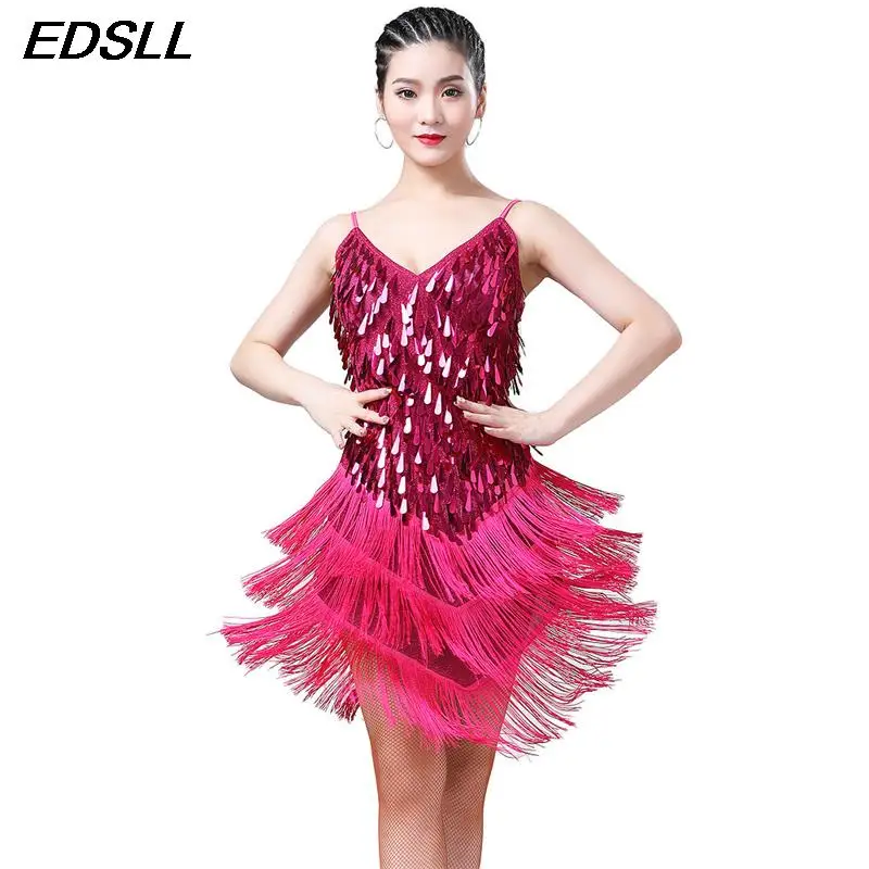 

Sexy Tassel Fringe Sequin Latin Dance Dress Women Sleeveless Ballroom Salsa Tango Cha Cha Rumba Samba Latin Dancewear Outfits