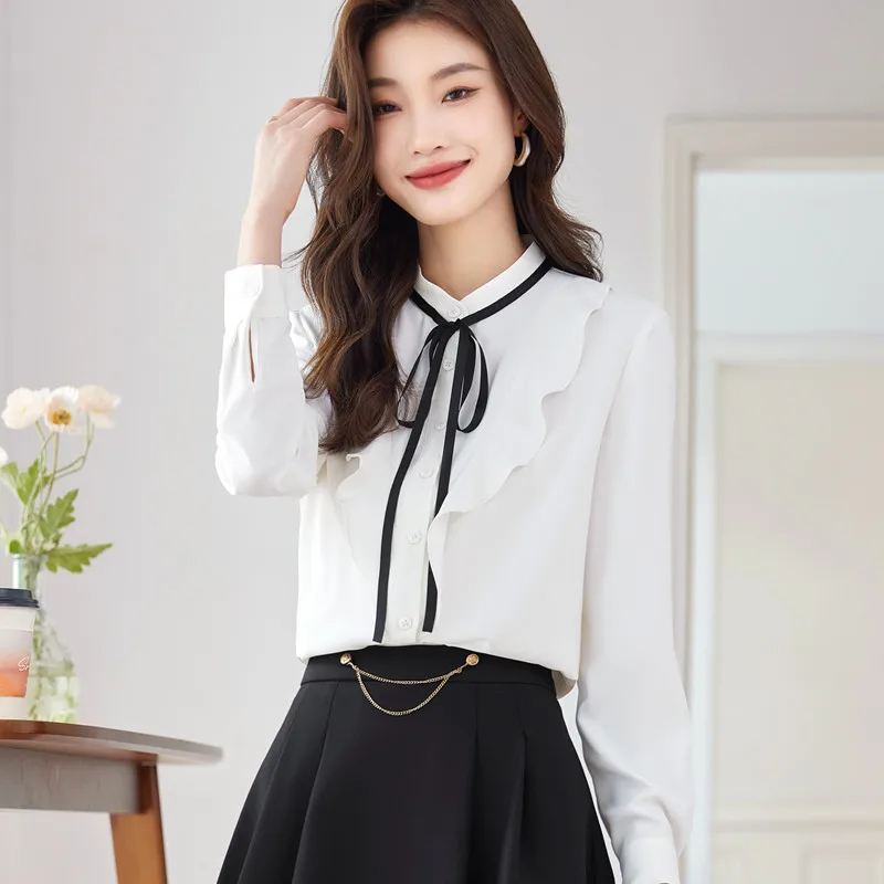 NAVIU Elegant Light Green Shirt Women New Autumn Temperament Ruffles Long Sleeve Formal Blouses Office Ladies Work Tops White