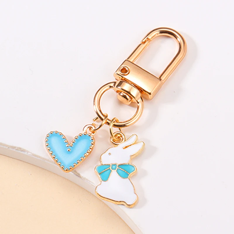 Kawaii Enamel Rabbit Heart Keychain Women Girls Cute Bunny Animal Key Holder For Bags Earphone Box Car Key Accessories Jewelry