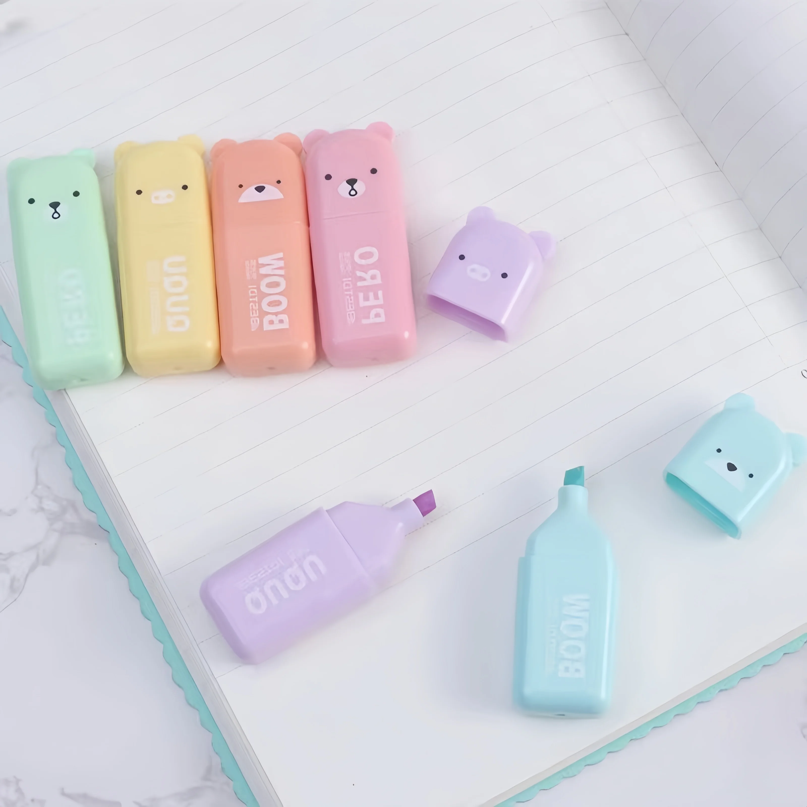 Set, Mini Highlighter, Bear Shaped Highlighter, Color Marker, Ledger Pen, Back To School, School Supplies, Kawaii Stationery, Co