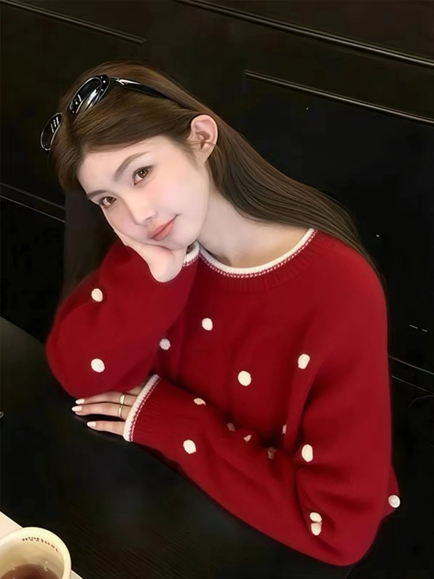 السنة الجديدة الأحمر البولكا نقطة محبوك سترة المرأة الخريف الشتاء لينة مريحة الجولة Ne الدفء الحد من العمر أعلى Faionable