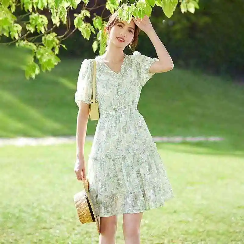 

Женская юбка А-силуэта Amoi Commuting с вышивкой, пышными рукавами, V-образным вырезом, из шифона, с завышенной талией, из полиэфирного волокна