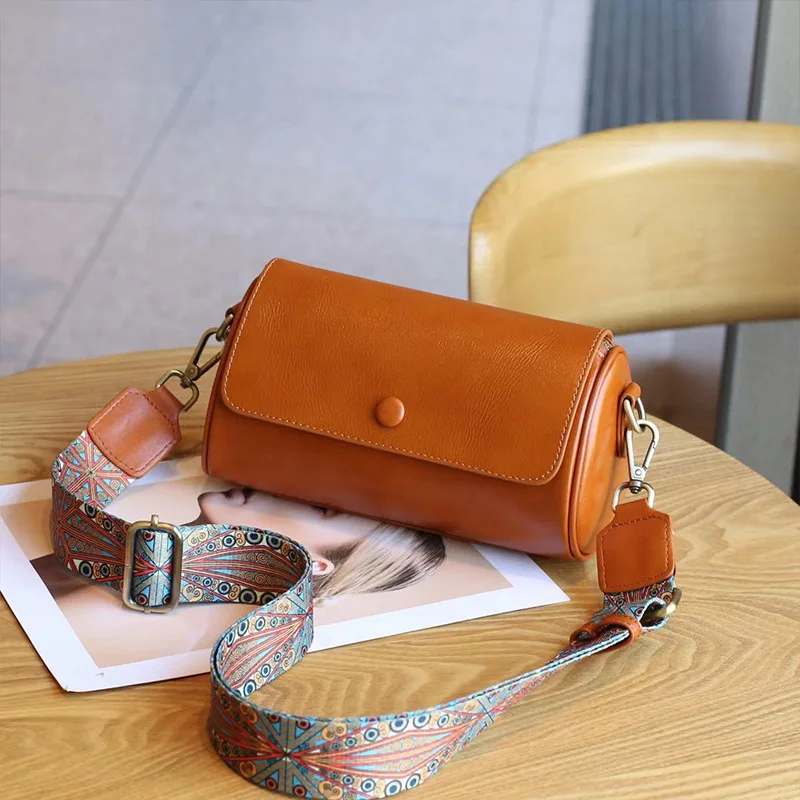 Casual Female Genuine Leather Messenger Bags Women Vegetable Tanned Leather Pillow Bags Solid Color Lady\'s Single Shoulder Bag