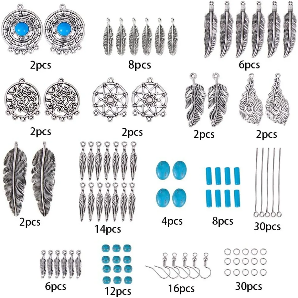 1 Box DIY 8 Pairs Bohemian Feather Dream Catcher Earring Making Starter Kit with Dream Catcher Feather Charm Connector