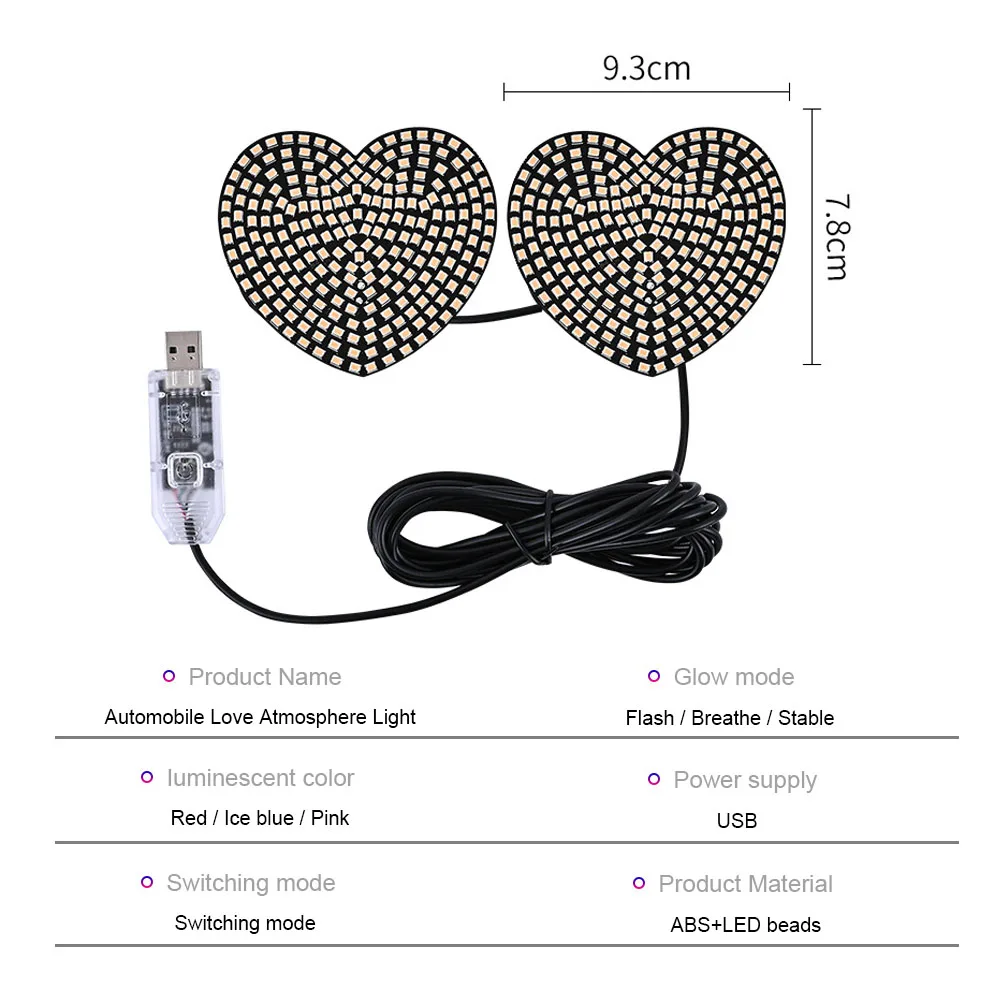 2pcs Car LED  Window Lights Interior Decoration Lights Glowing Heart Atmosphere Car Modification Neon Lights