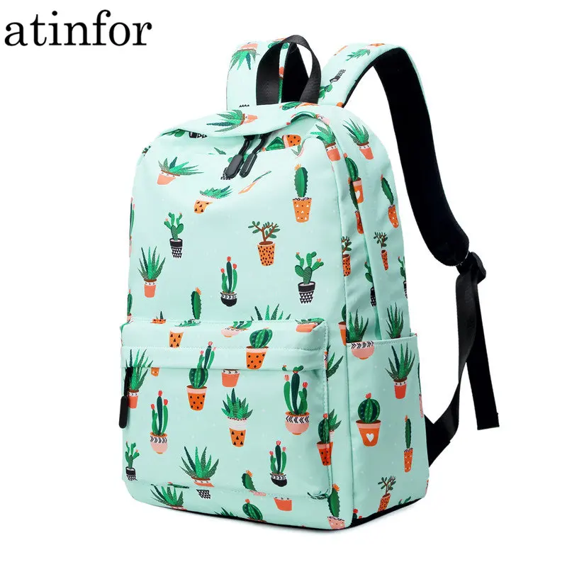 atinfor Brand Waterproof Nylon Lightweight Cactus Printing Backpack Women 16.5 inch Middle School Student Book Bag