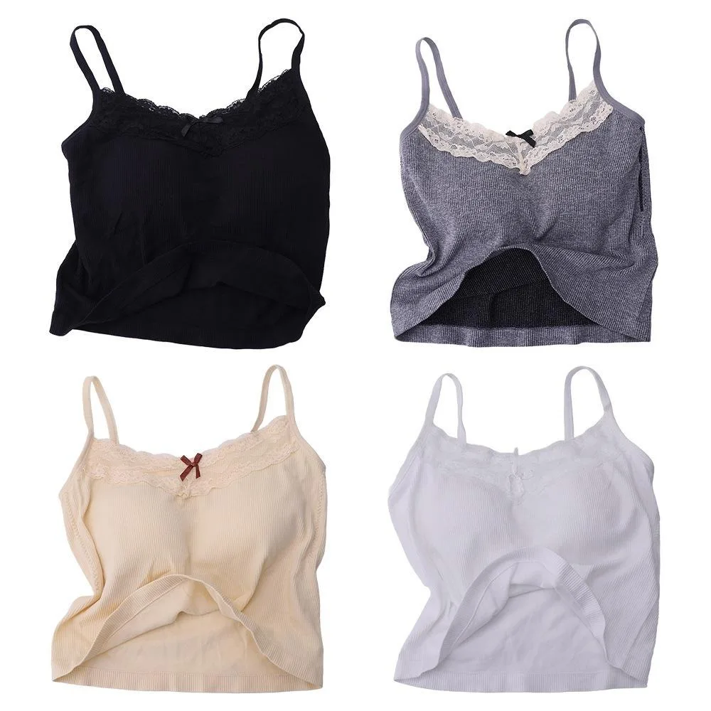 

Casual Lace Bow Vest Camisoles with Chest Pads Y2K Slim Vest Backless Knitting Tank Top Photograph