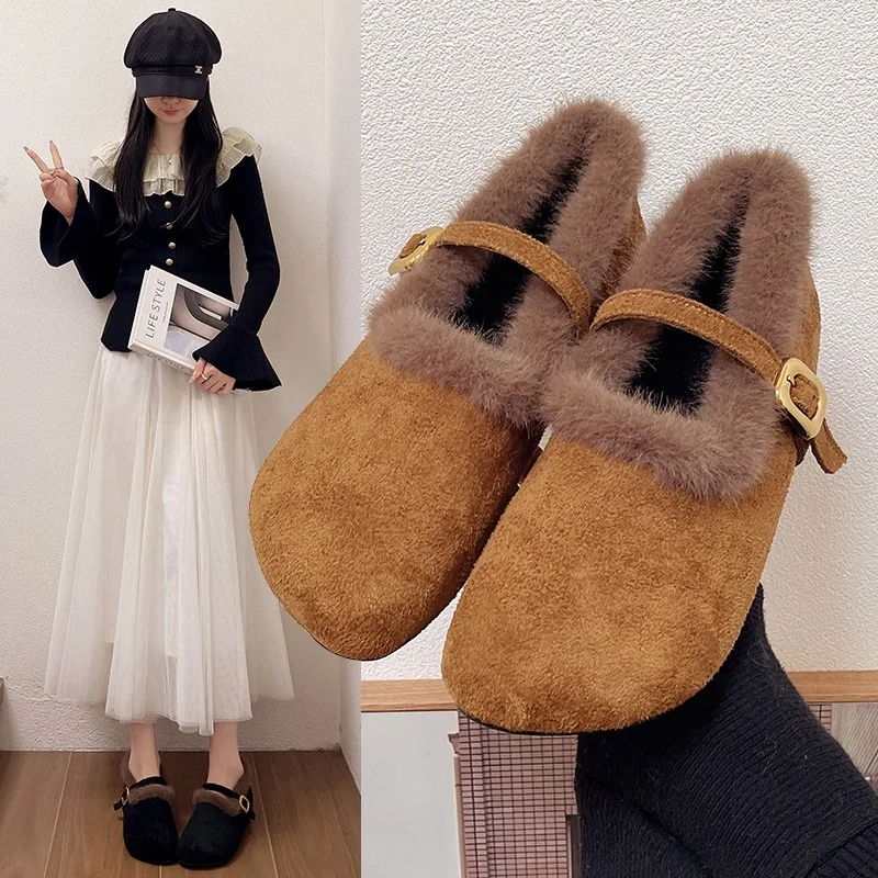 

2025 модные женские туфли на плоской подошве с круглым носком и плюшевой зимней женской пряжкой, теплые женские элегантные и удобные туфли на плоской подошве с мехом