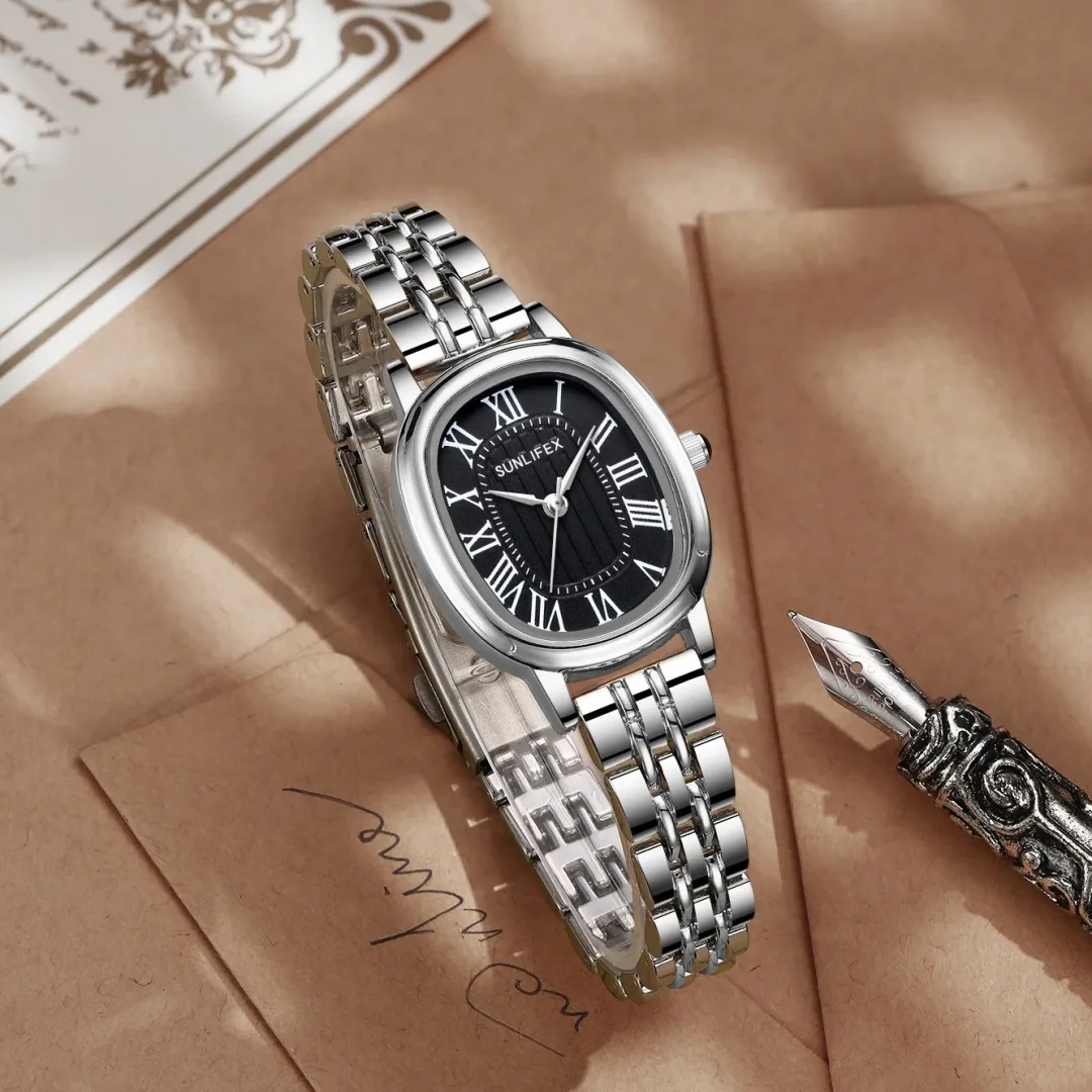 SUNLIFEX Oval Simple Women’s Watch Business Gold Silver Quartz Wristwatch Stainless Steel Folding Clock Elegant Dress Ladies Wa