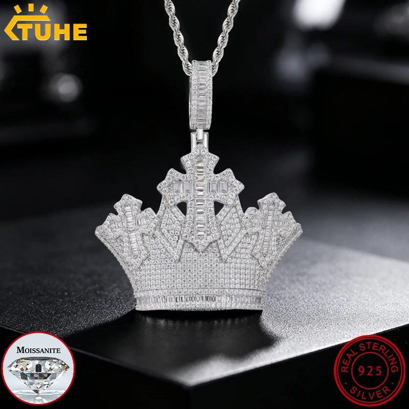 

Luxury Full Moissanite Cross Pendant Necklace Iced Out Crown Pendant S925 Sterling Silver For Women Men Hip Hop Jewelry Gift