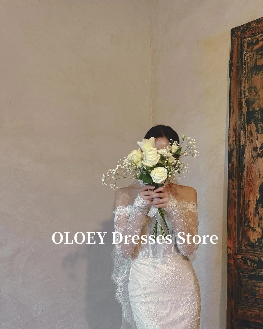 OLOEY Elegant Off Shoulder Mermaid Wedding Dresses Korea Photo shoot Long Sleeves Lace Bridal Gowns With Veil Customized