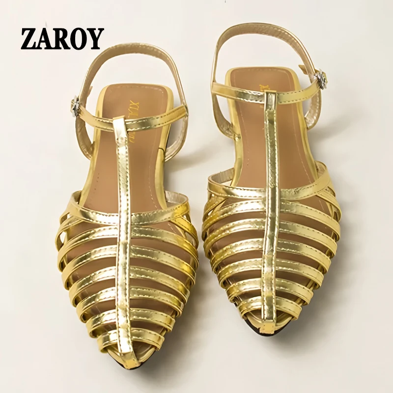

Thin Strip Women Flat Sandals Summer Luxury Gold Pointed Toe Narrow Band T-tied Weave Hollow Roman Sandalia Big Size Beach Shoes