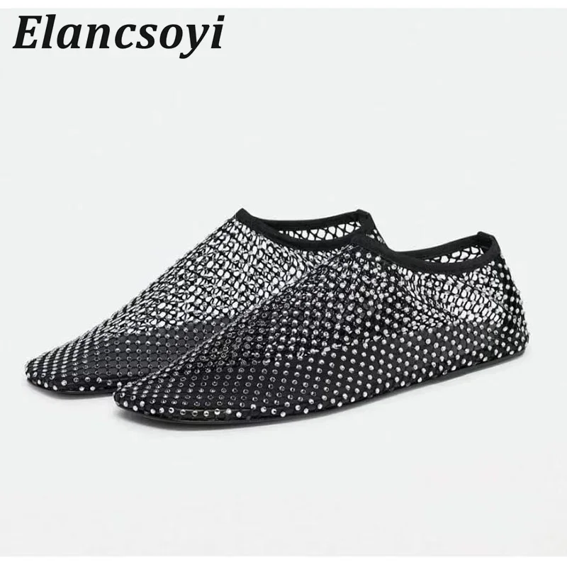 Summer High Top Lazy Loafers Women Shiny Rhinestone Flat Shoes Mesh Hallow Outs Outdoor Sandals Versatile Vacation Walking Shoes