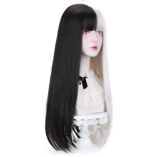 Peluca de Cosplay de Anime para mujer, pelo sintético resistente al calor, medio negro, medio blanco con flequillo, peluca larga y recta para Halloween