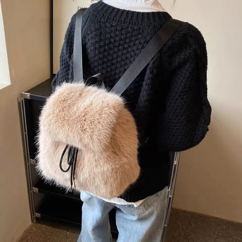 Fashion Solid Color Faux Fur Drawstring Bag Fluffy Knapsack Plush Backpack Soft Large Capacity Flap Bag Women