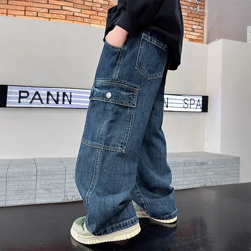 Boys' Denim Cargo Pants Spring Autumn Trendy Streetwear Straight Jeans Casual Loose Wide Leg Trousers For Kids 4-14 Years