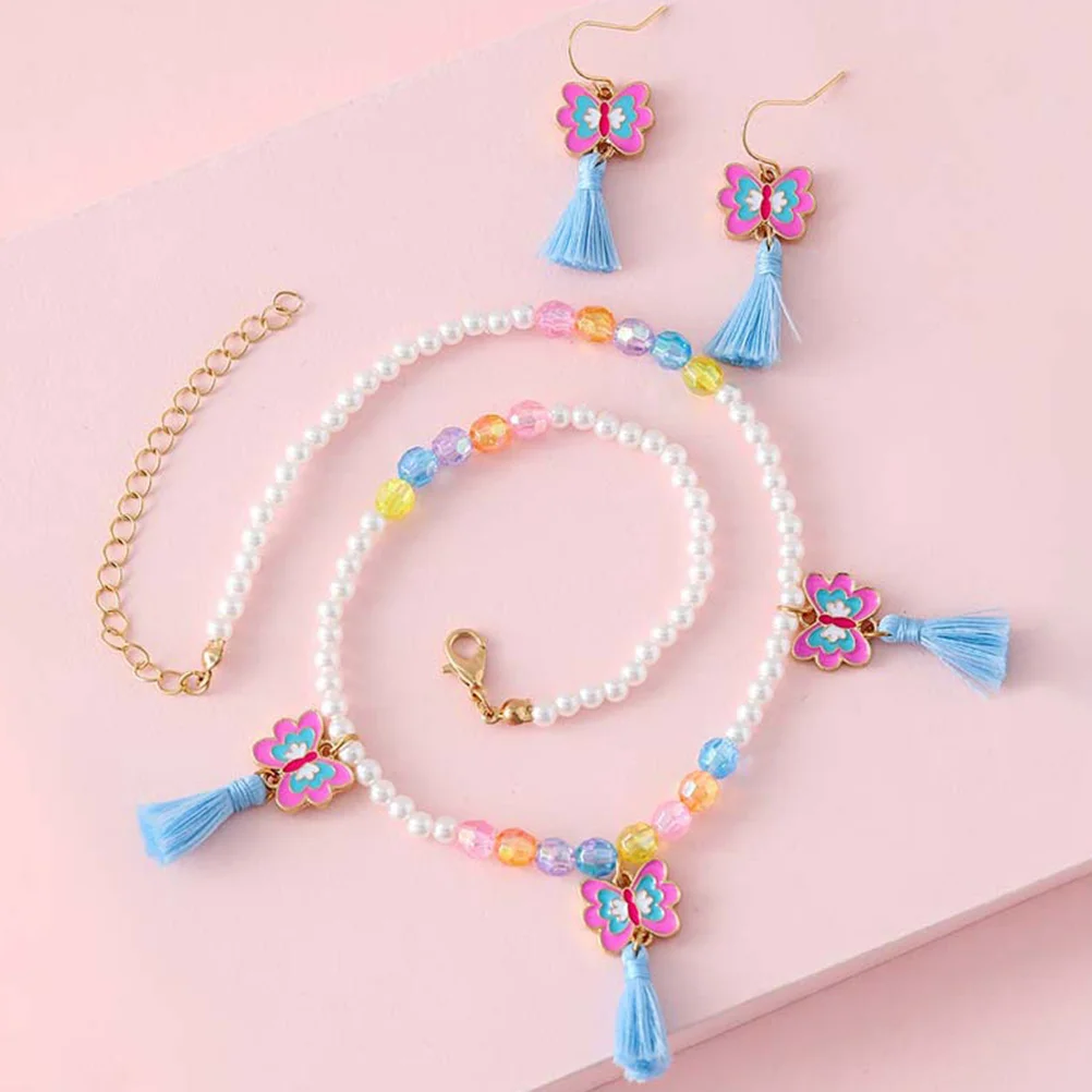 Ensemble de boucles d'oreilles et collier en alliage pour enfants, boucles d'oreilles à pampilles papillons
