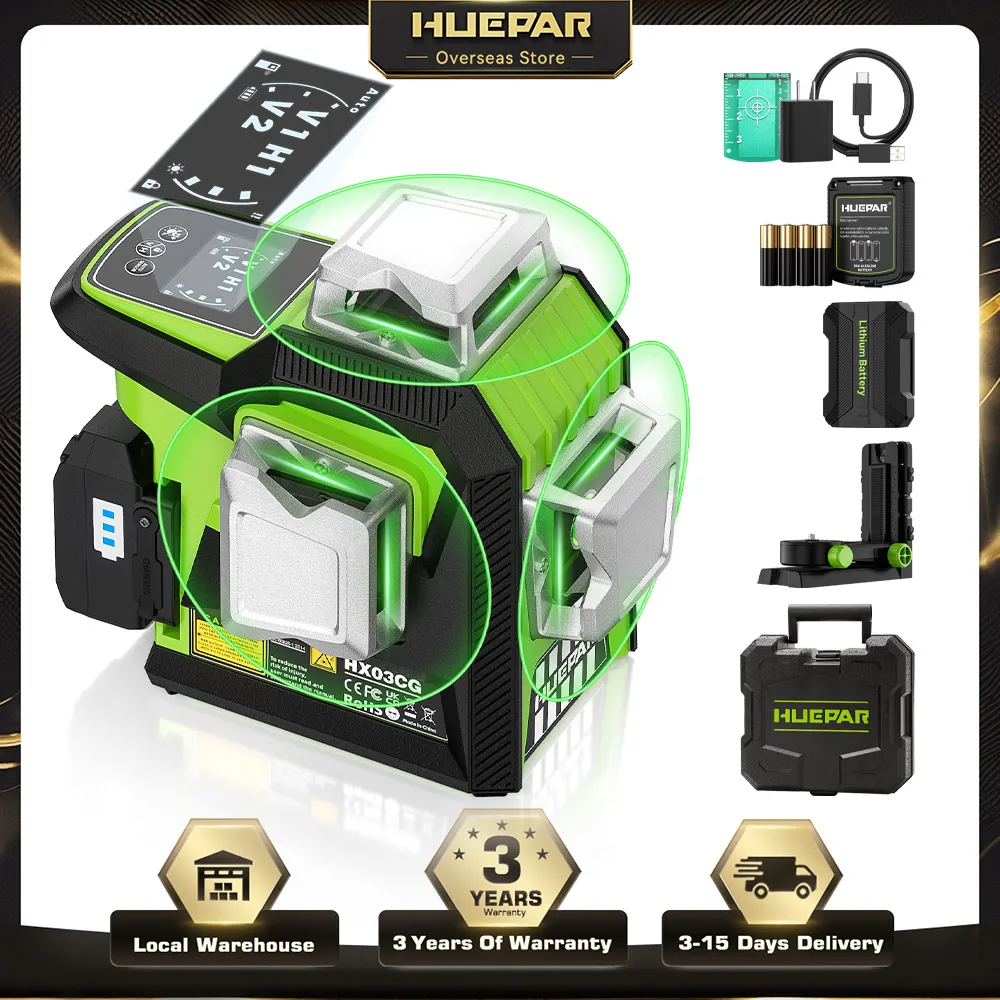 Huepar HX03CG Laser krzyżowy 3D, 12 linii, zielona wiązka, z ekranem LCD, regulacja jasności laseru, z podstawką i twardym futerałem.