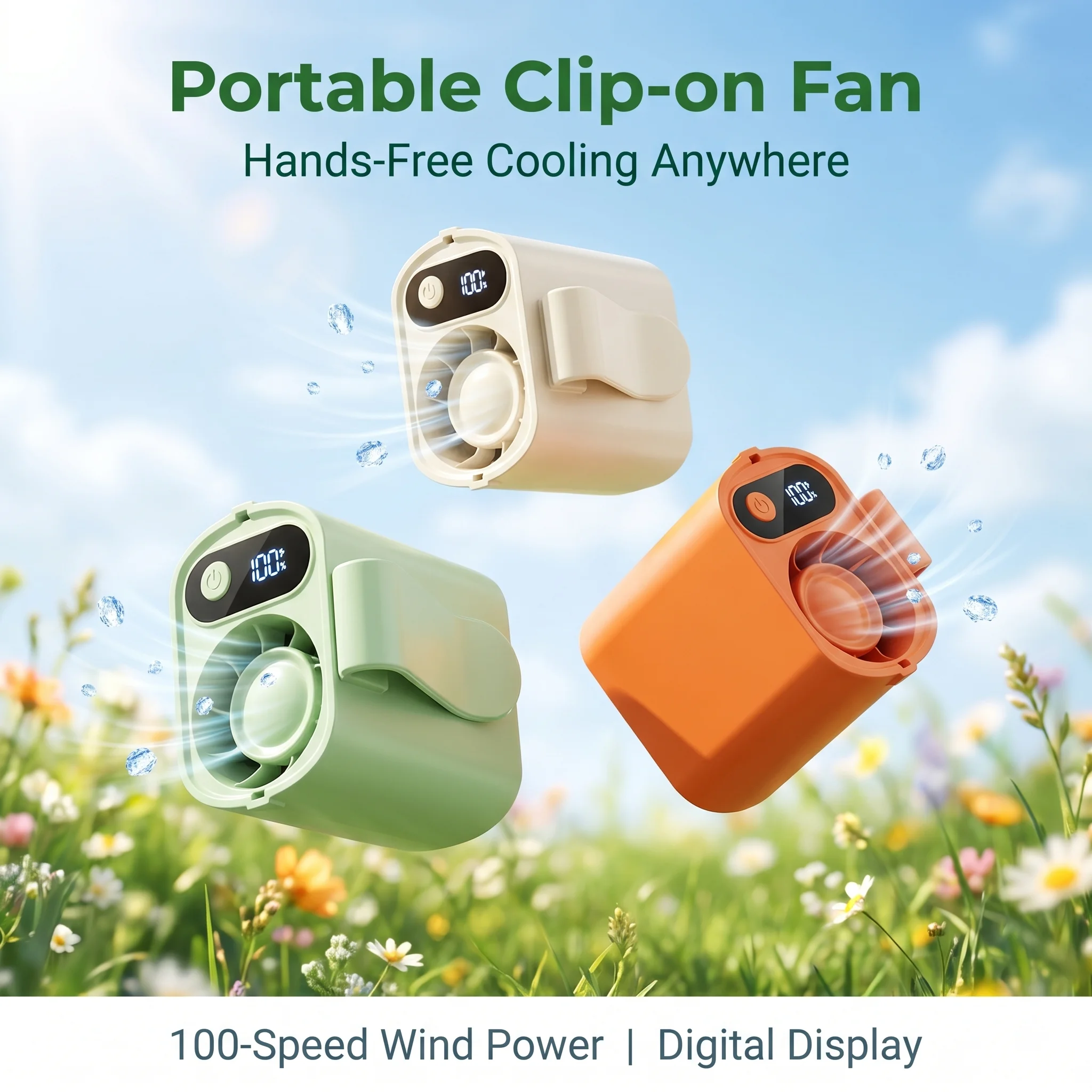 USB Rechargeable Fan Portable 100 Speeds Waist Clip Fan Digital Display Hanging Neck Fan Quick Dry Waist Clip Fan for Outdoor