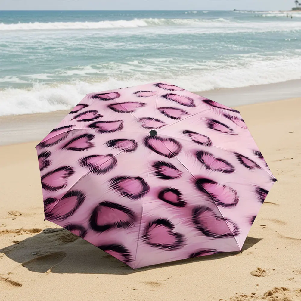 Pink Leopard Pattern with Heart-Shaped Spots Umbrella Design Compact Fashion Folding Umbrella for Daily Use, Christmas Gift