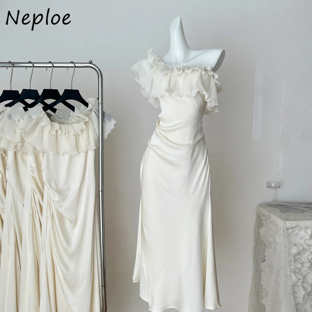 

Neploe Pure Desire Satin Solid Mermaid Dress Advanced Fungus Slim Waist Skew Collar Robe Ruched Sexy Ceremonial Moda Vestidos