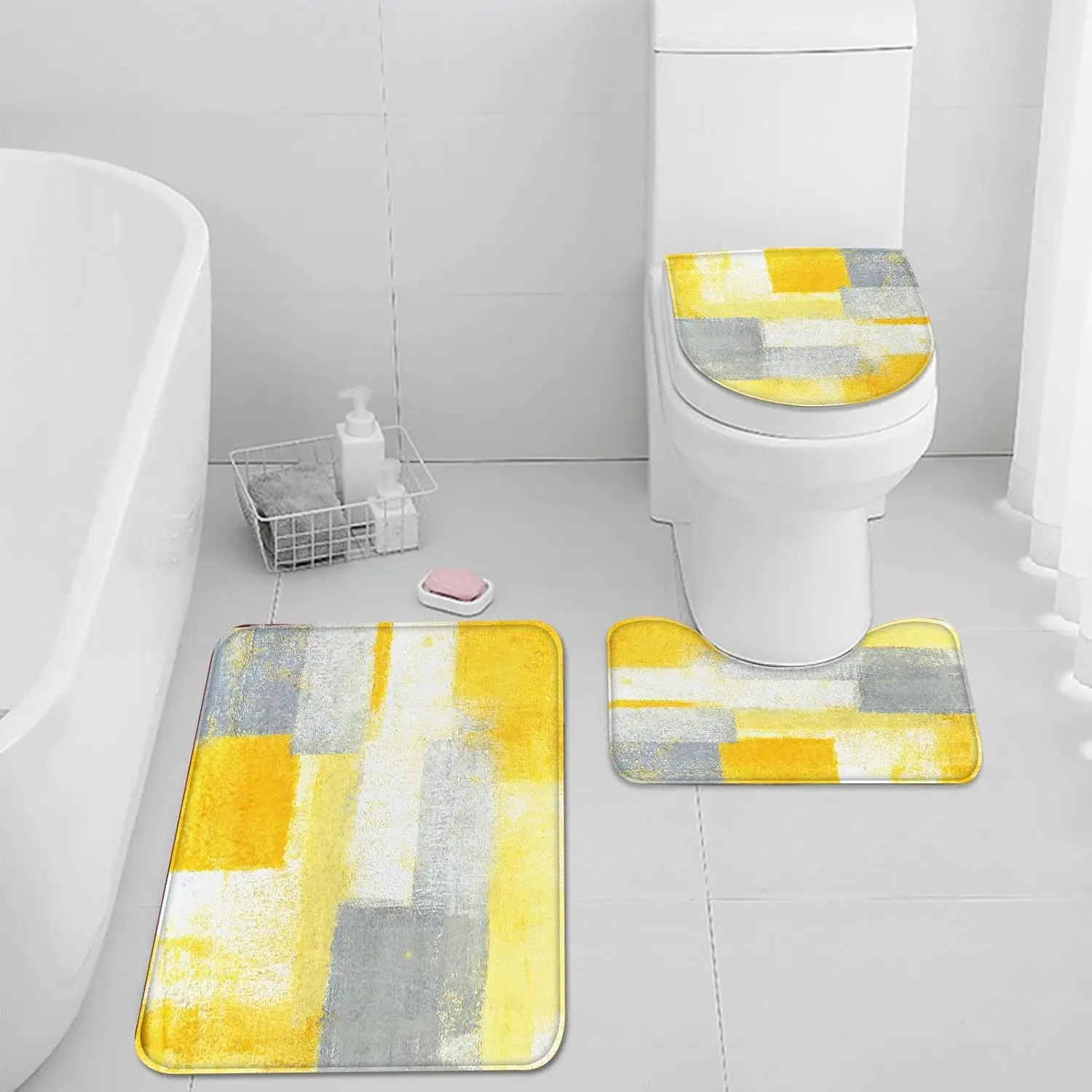 

3PCS Abstract Art Bath Mat Set, Yellow Grey Painting Print, Memory Foam Microfiber Absorbent Machine Washable Floor Decor