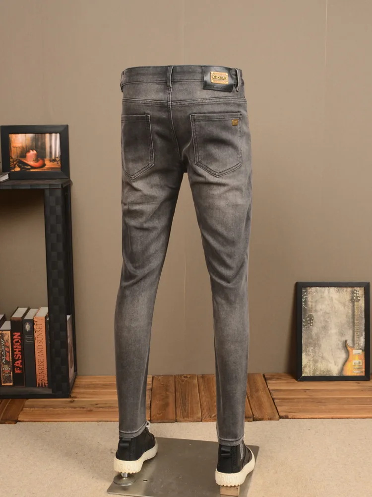 Retro Distressed Gray Jeans Stretch Slim Fit Skinny Advanced Casual Trend Simple Classic Office Pants for Men