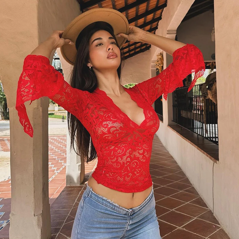 V-Neck Flare Sleeve Lace Top Women Sexy Transparent Long Sleeve Crop Top Fashion Woman Blouses And Shirts 2024