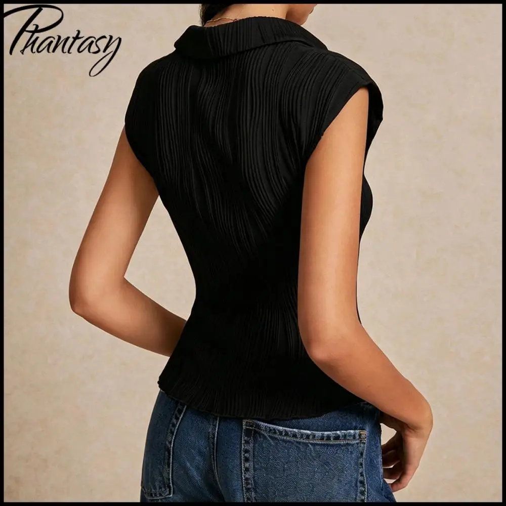 Phantasy Women Cap Sleeve Collar Shirt Vertical Pleated Button Down Crop Top Elegant Slim Fit Blouse Vintage Casual Short Blouse