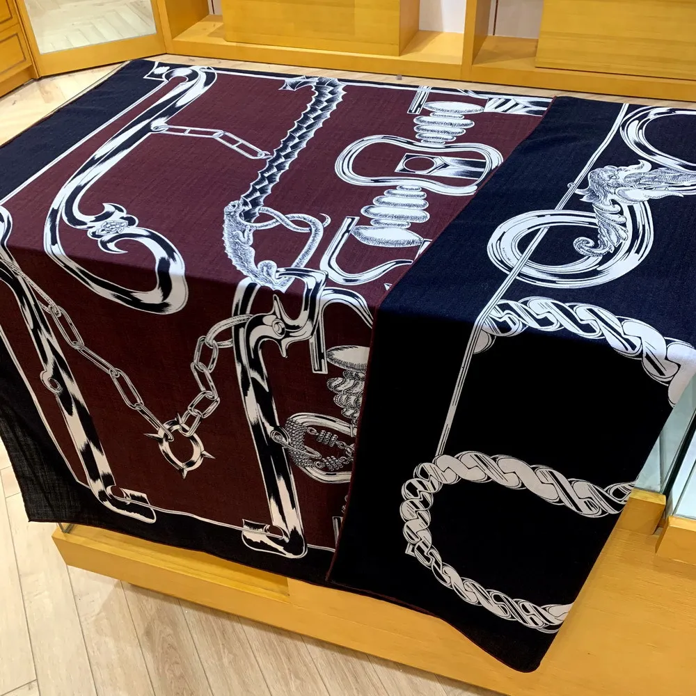 High-end and Elegant Women Fine Knight Horse Gear Double-sided Print Quality Silk Wool Hand-rolled Edge Large Square Scarf Shawl