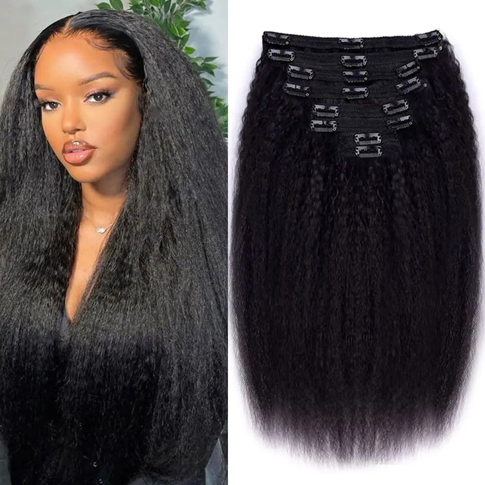 Human Hair Clip in Hair Extensions Kinky Straight Clip In Full Head Brazilian Virgin Human Hair Natural Black for Women 1B Color