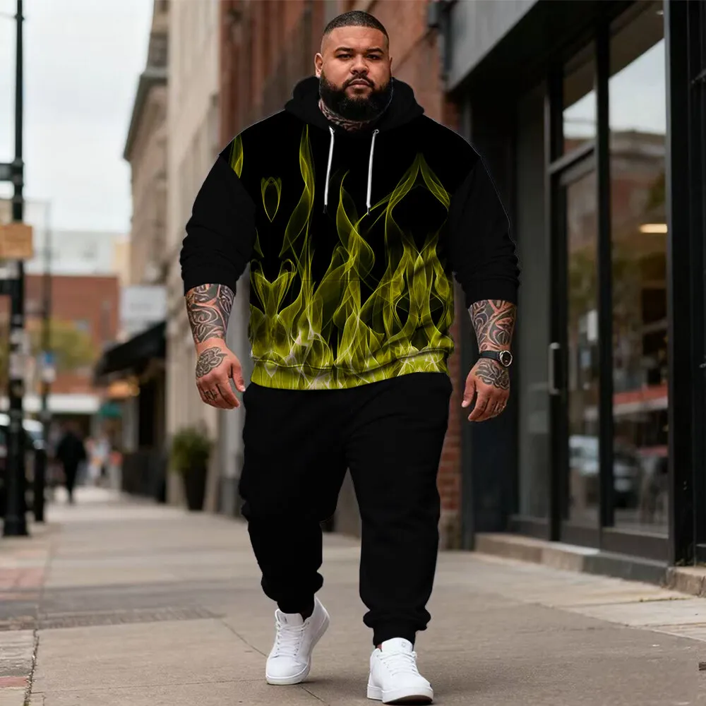 

S-9xl plus size Men's Hoodie Set (2-Piece) with Flame Elements - Warm Breathable, Edgy Flame Designs, Perfect for Big