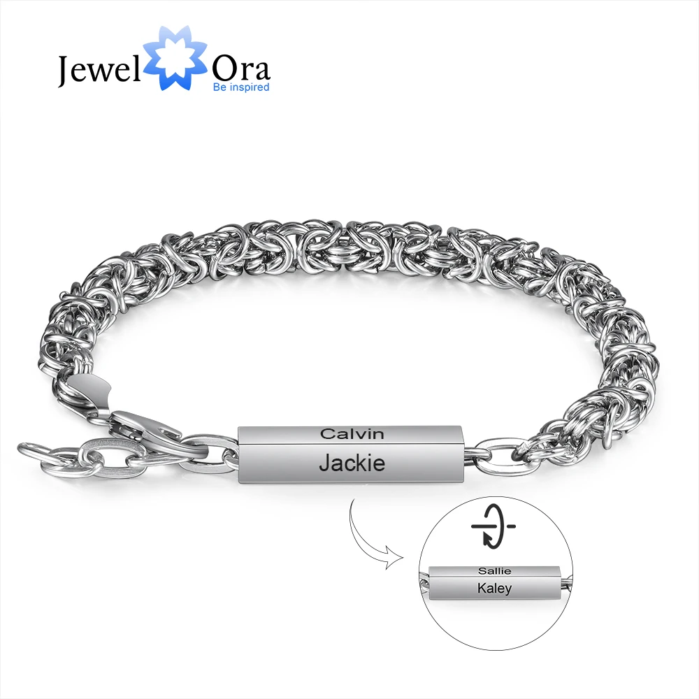 Stainless Steel Customized Engraved Bar Bracelets for Men Personalized 4 Side Engraving Chain Bracelet Christmas Gift for Father