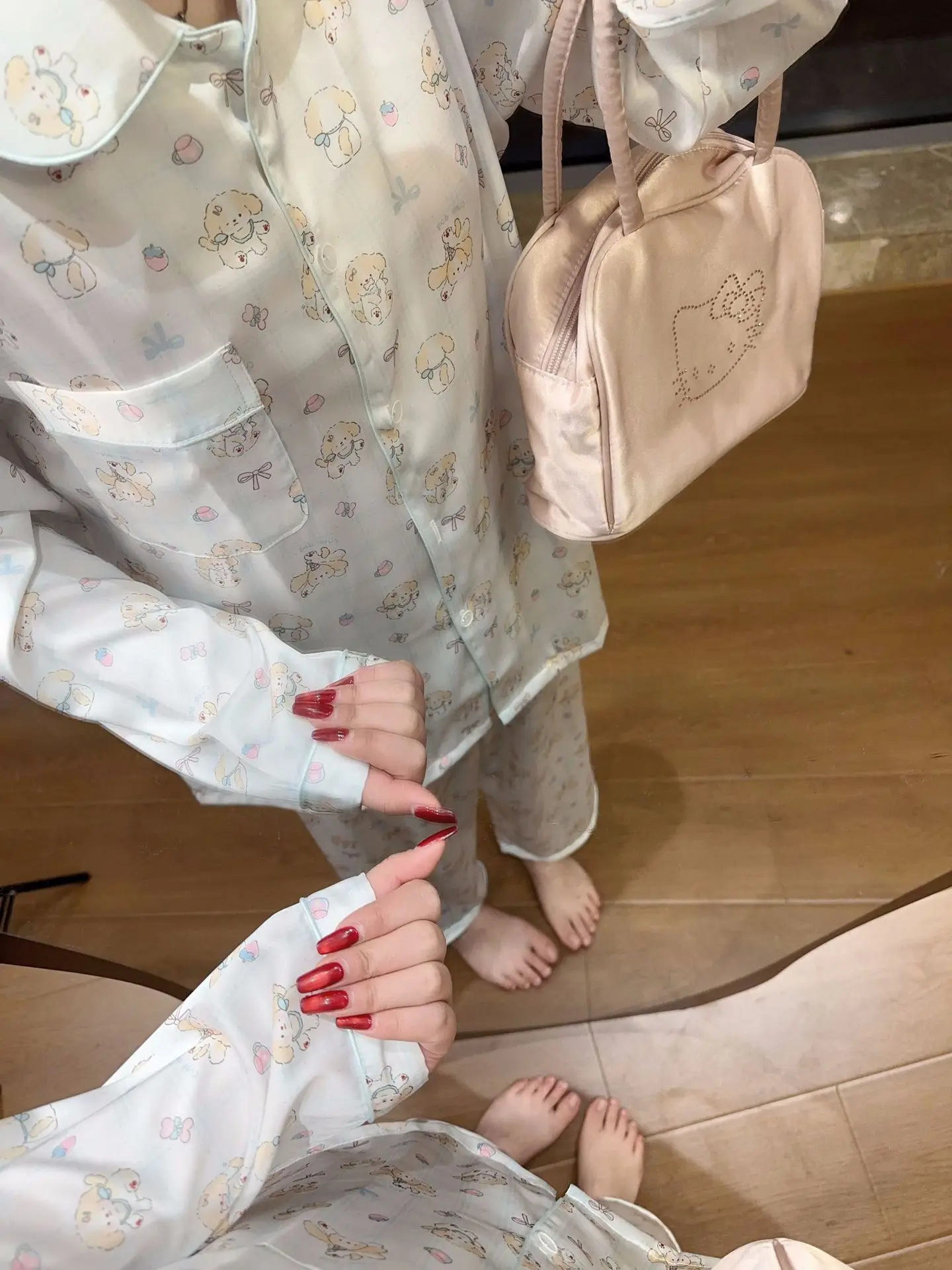 Sweet Princess Wind Ice Silk Long-sleeved Pajamas Cute Cartoon Puppy Spring and Summer New Outer Loungewear Suit