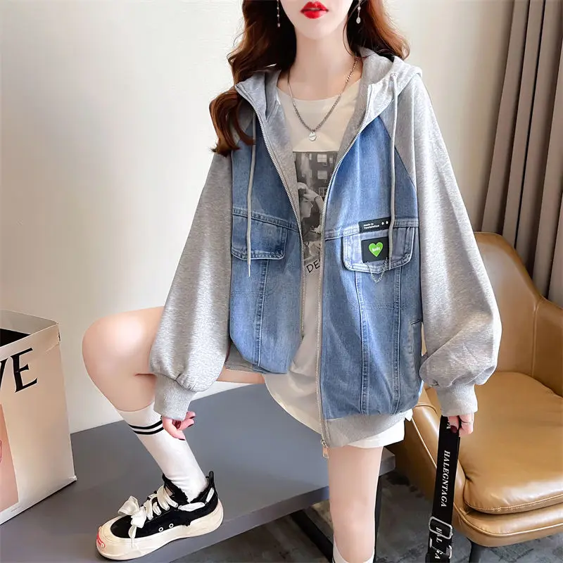 Patchwork Blue Woman Jean Coat Spring Autumn Denim Jacket for Women Outerwear  Off White Hooded Demi-season Designer Y2k Clothes