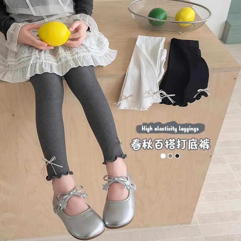 Lovely Girls Sweet Korean‑Inspired Solid Leggings Delicate Double Bow Detail Ruffled Trim Breathable Stretchy Nine-Point Tights