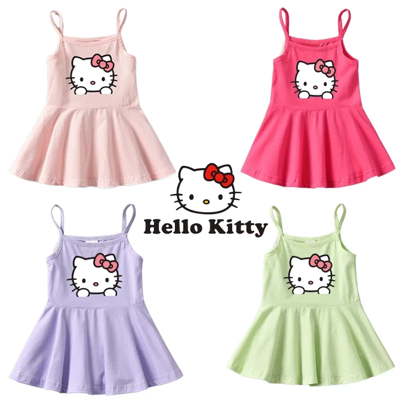 

Sanrio Hello Kitty Girl Dress Cartoon Halter Dress Summer Baby Sleeveless Cotton Beach Princess Dress Casual Toddler Kid Clothes